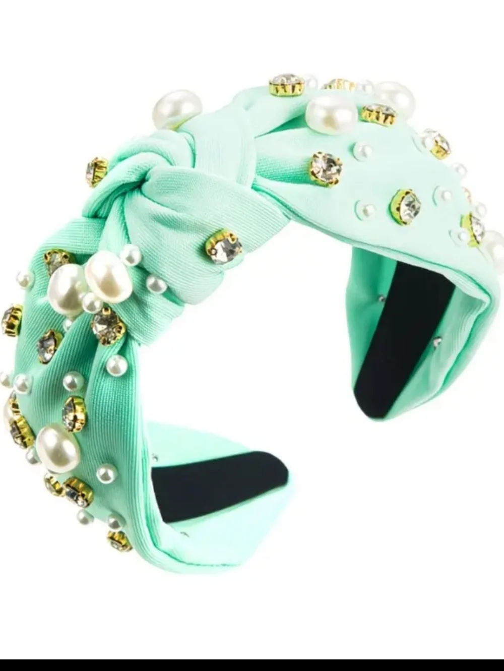 Light Green Faux Pearl & Rhinestone Knotted Headband - Wide, Solid Color